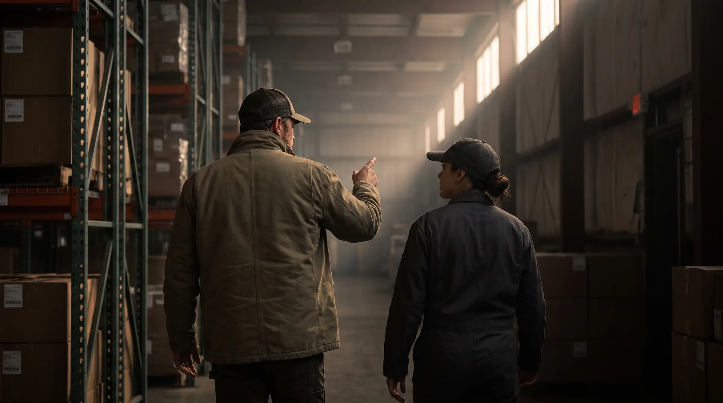 Two staff walking down a warehouse aisle, one pointing towards the racking