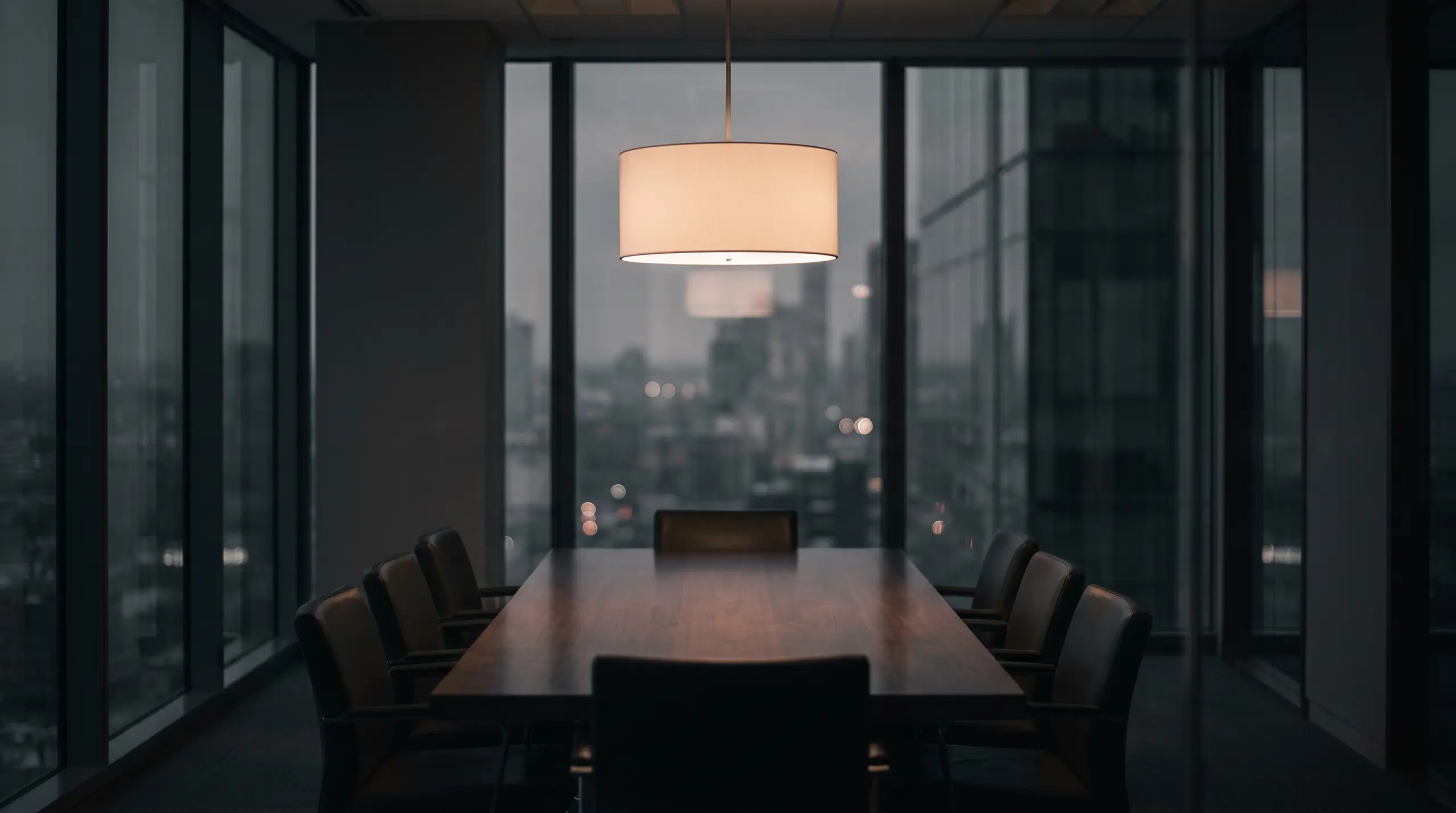 Executive boardroom at night overlooking city lights