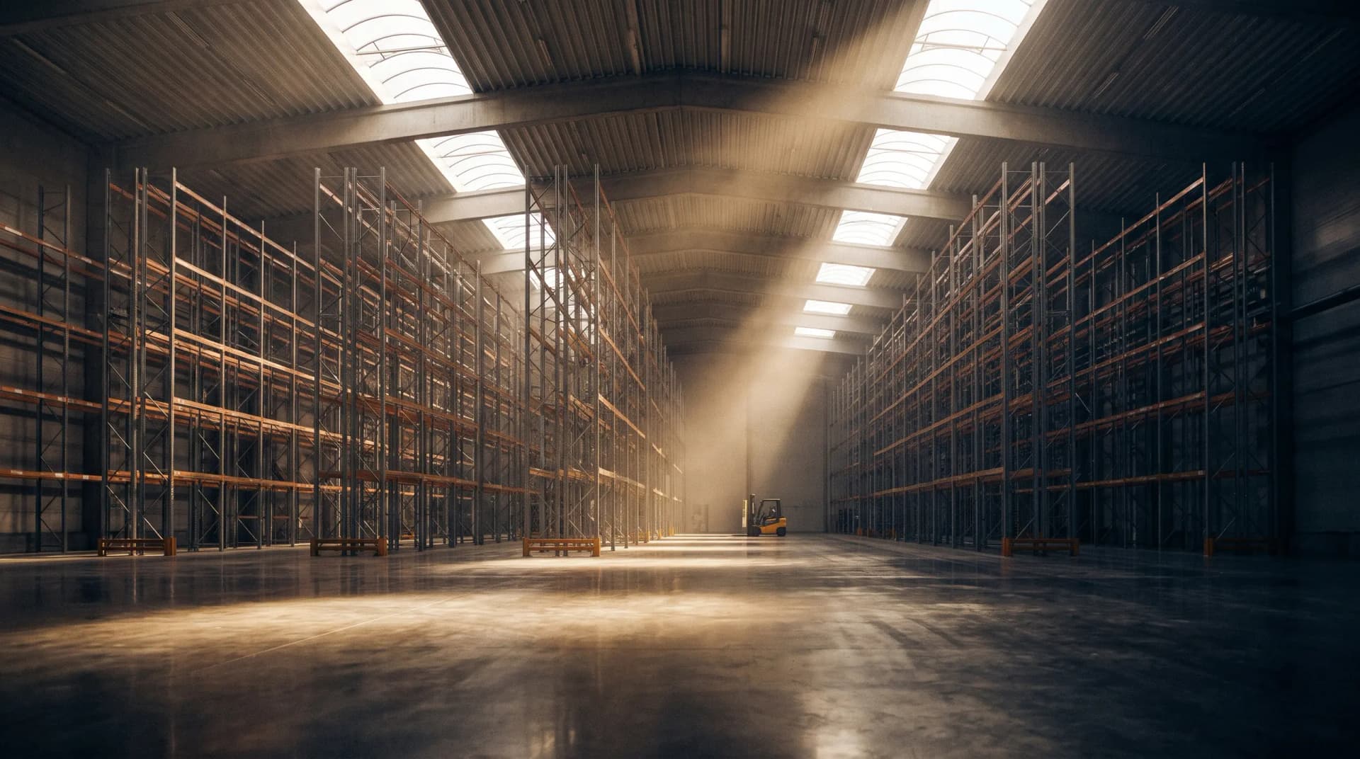 Distribution centre interior with tall pallet racking