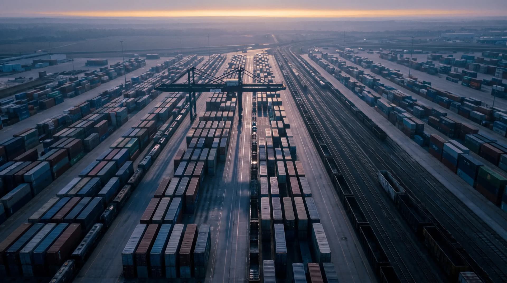 Aerial view of an intermodal freight terminal at dawn