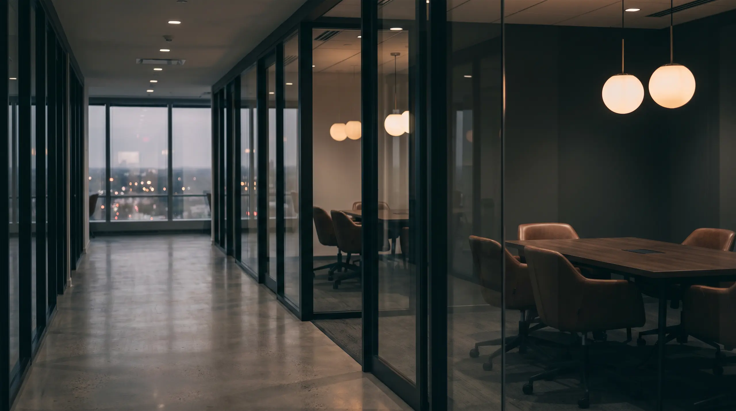 Glass-walled meeting rooms in a quiet professional office at dusk