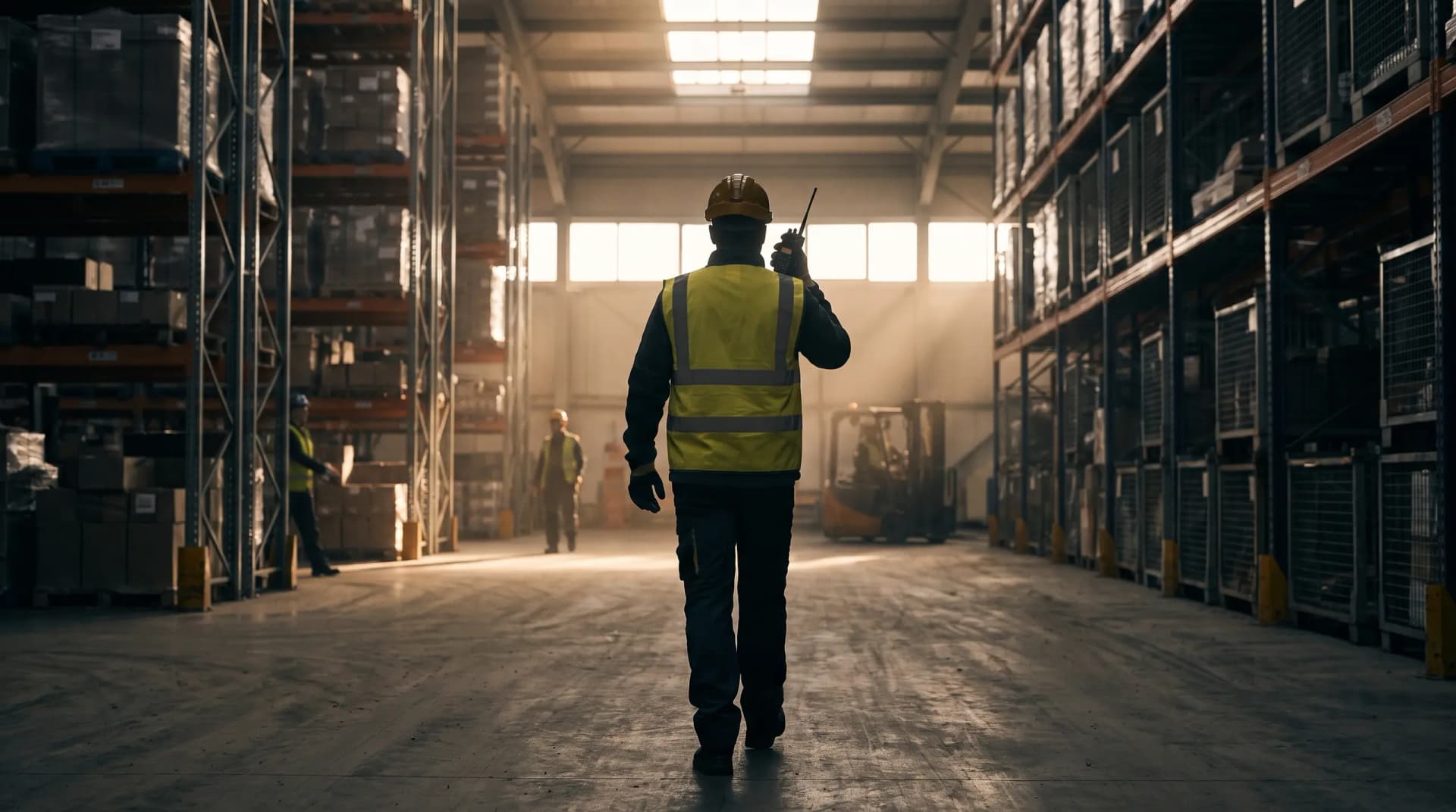 Warehouse worker in a hi-vis vest and hard hat walking between tall pallet racks, radio in hand