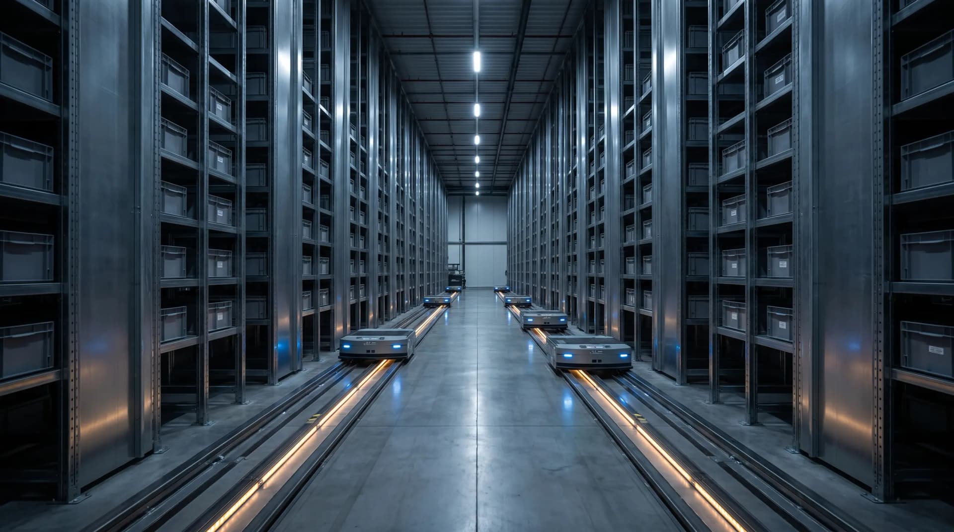 Automated warehouse aisle with robotic shuttles running on lit rails