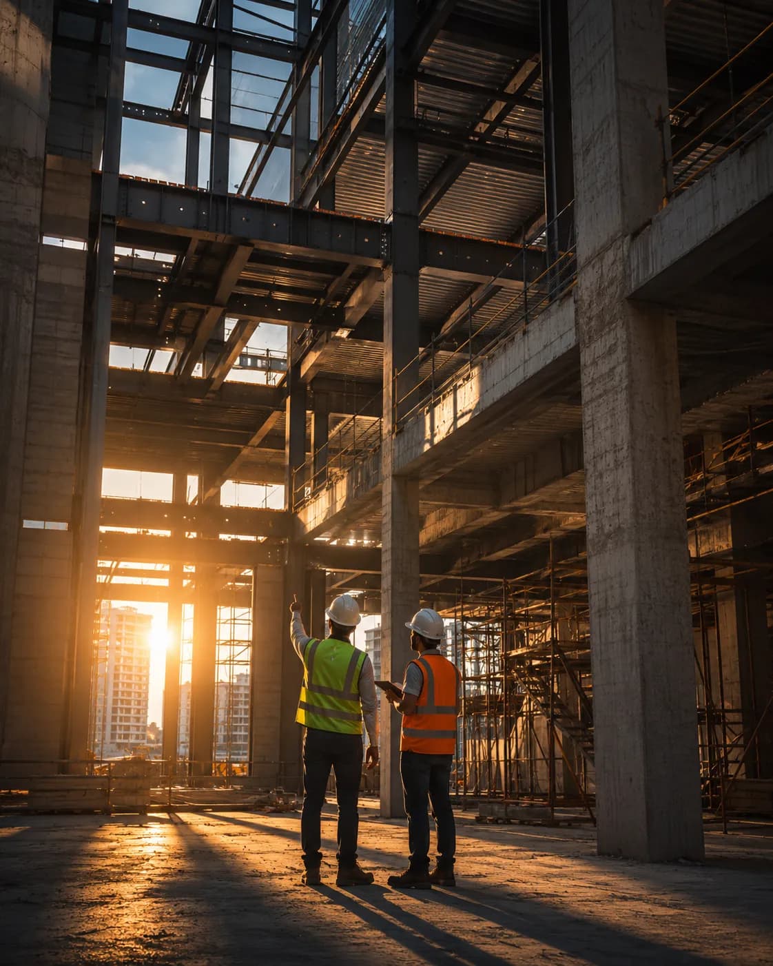 Two site workers in hard hats inside a building under construction