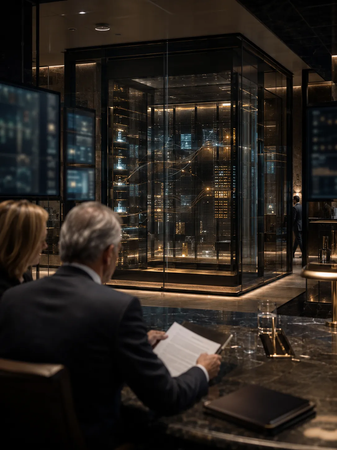 Meeting room with glass walls and wall screens