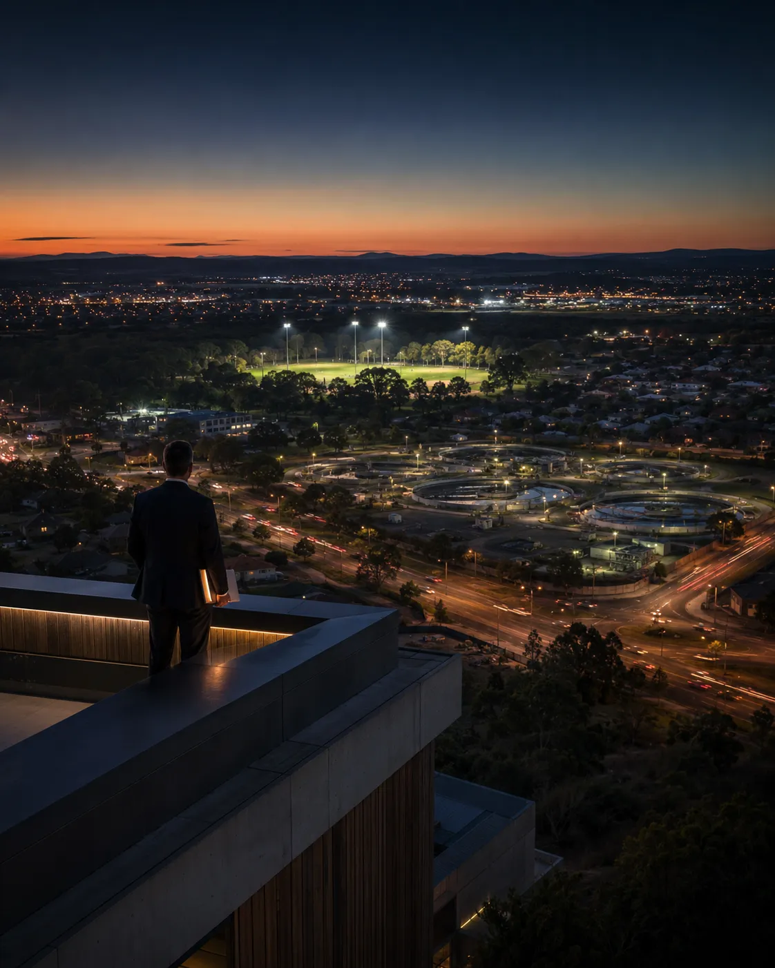 Person on a rooftop looking over a city at dusk