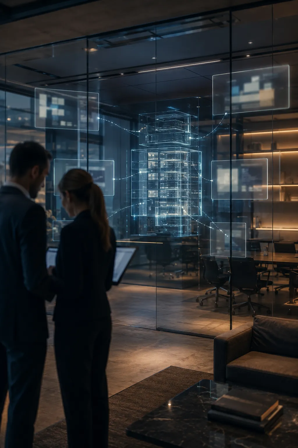 Two colleagues talking in a glass-walled office at night