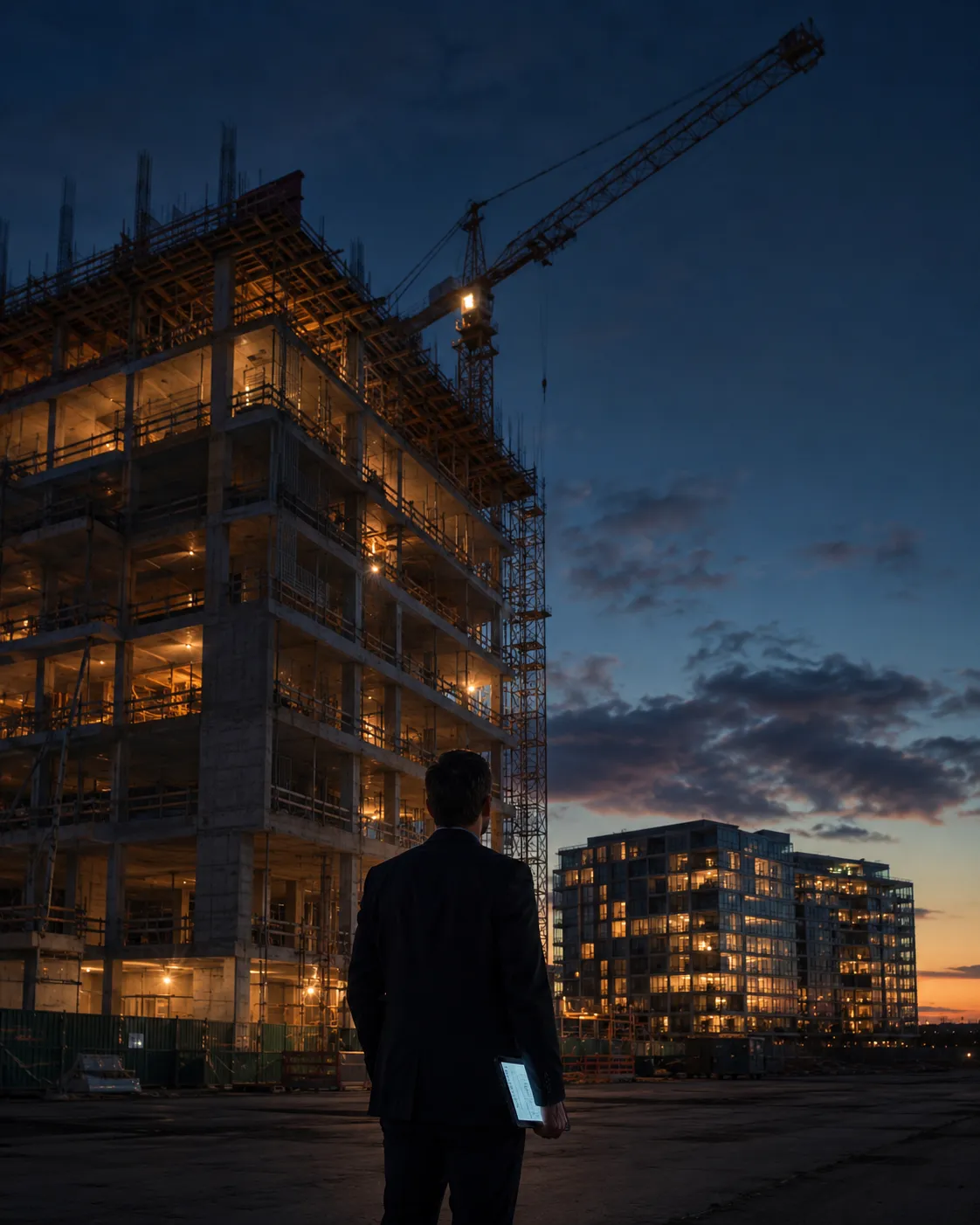 Building under construction with a tower crane at dusk