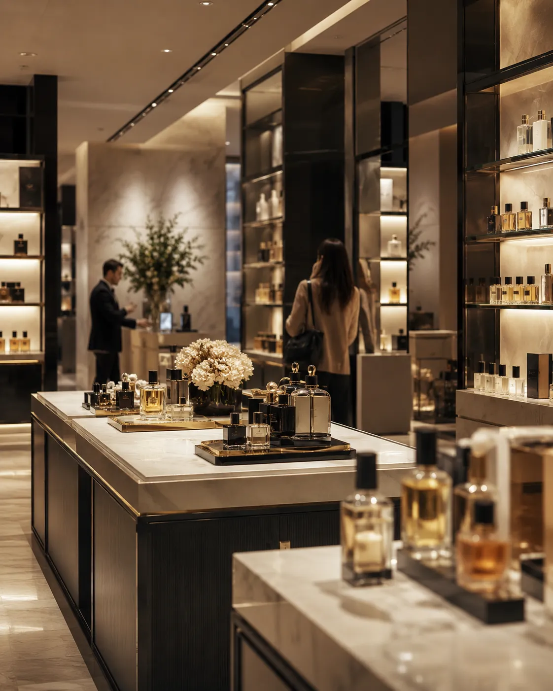Retail store with display tables and shelving