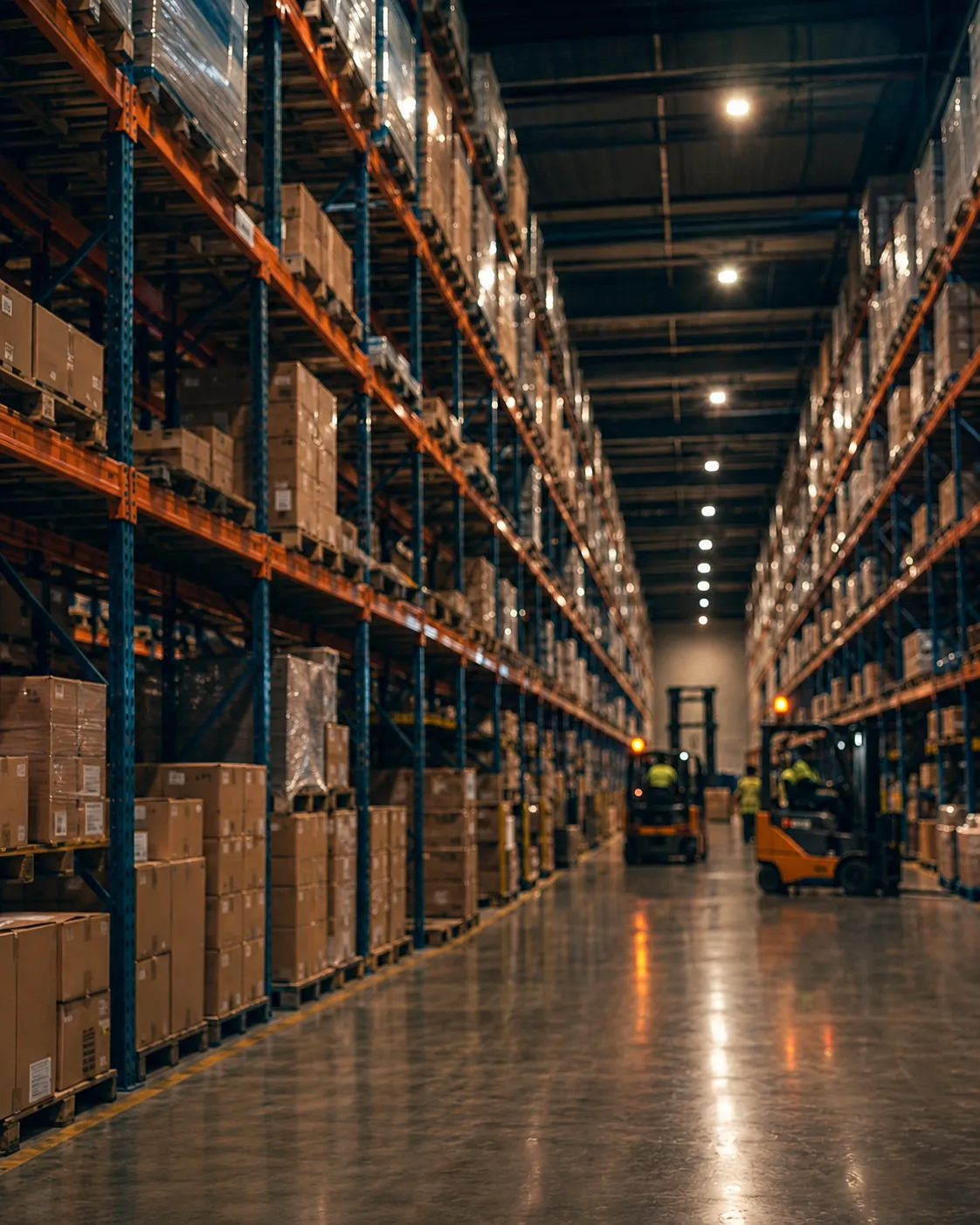 Warehouse aisle with tall pallet racking and a forklift